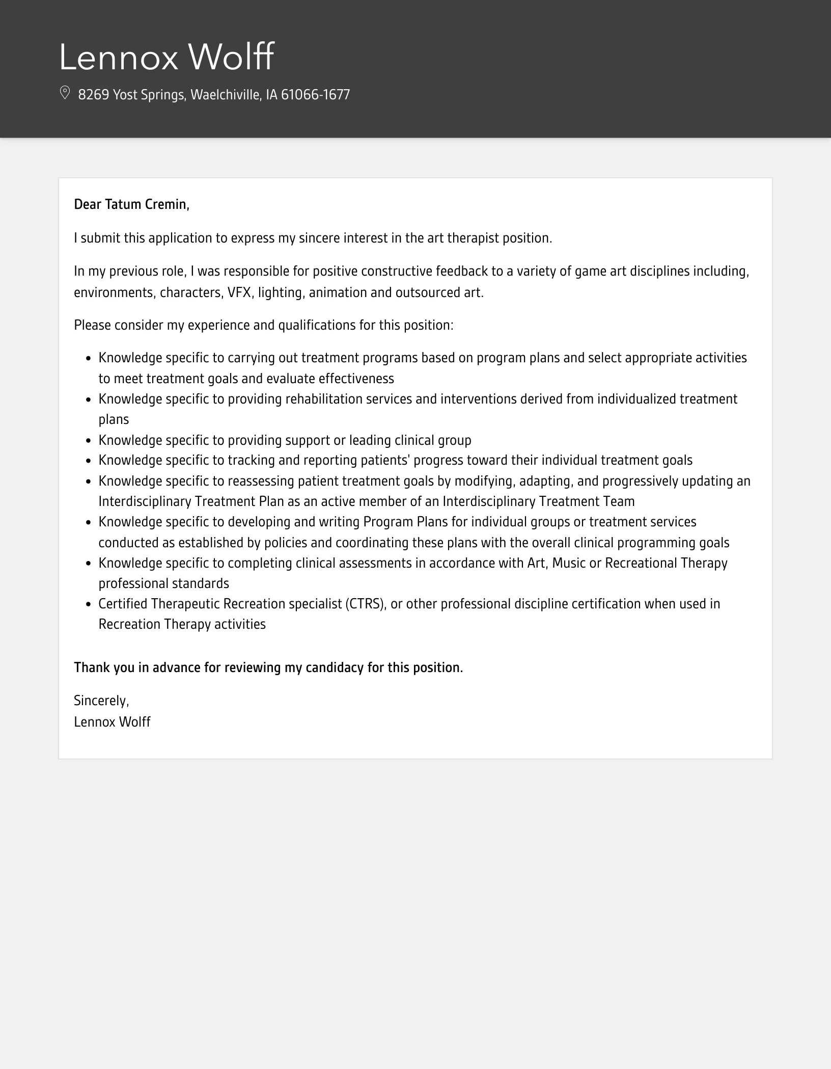 35854 art therapist cover letter formatting