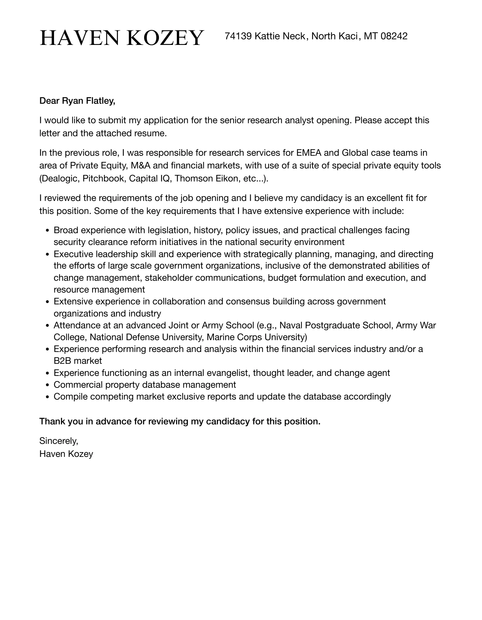 35926 entry level research analyst cover letter