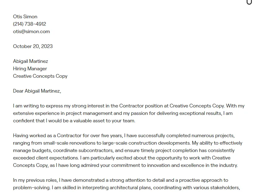 35974 independent contractor cover letter achievements